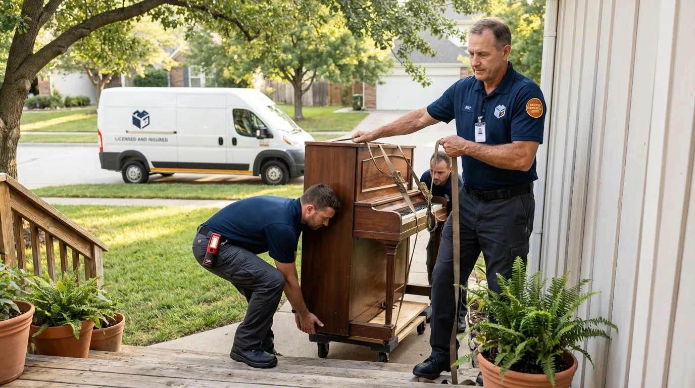 Licensed piano movers securing grand piano in Collinsville, OK