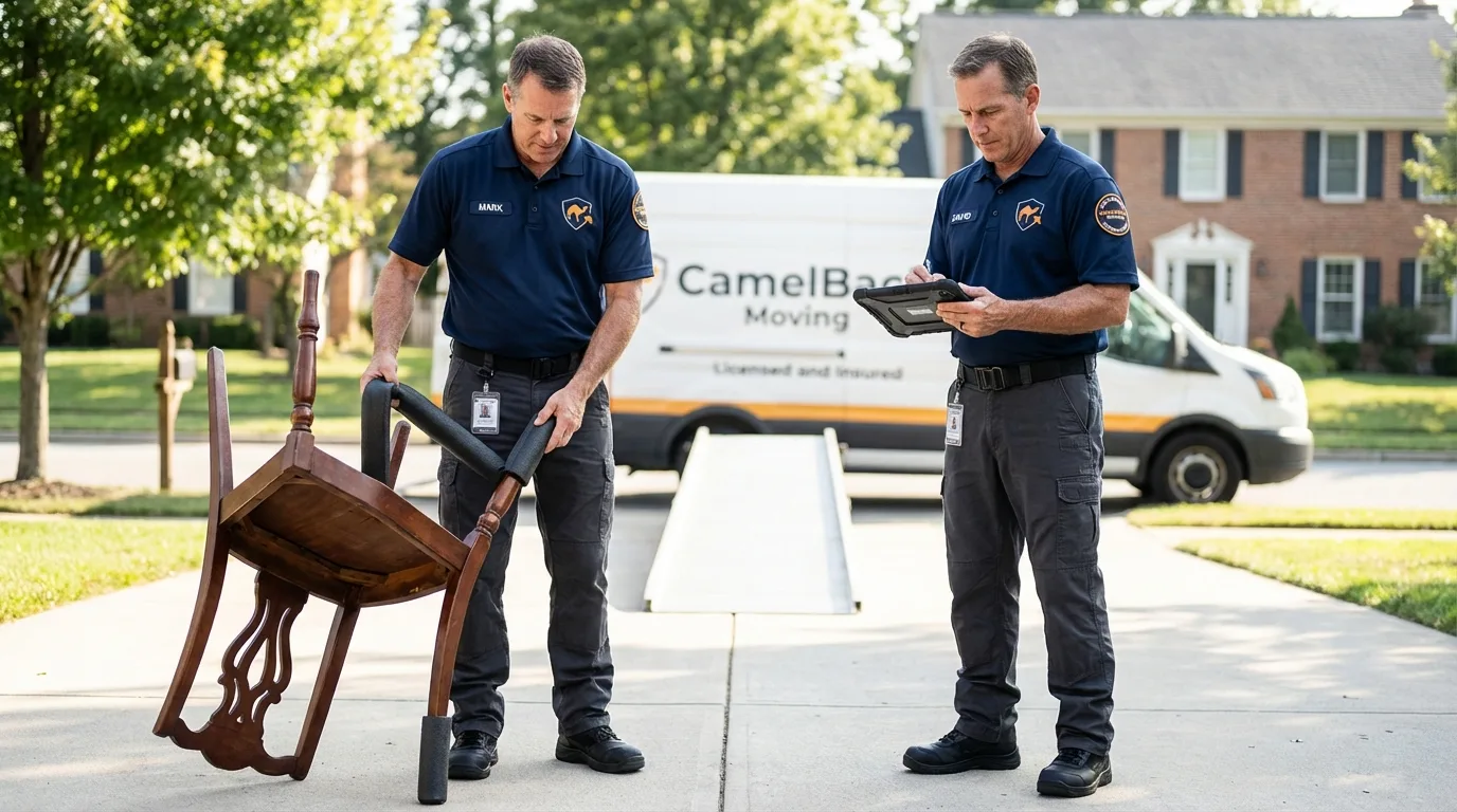 Movers inspecting furniture for damage prevention before loading in Collinsville, OK