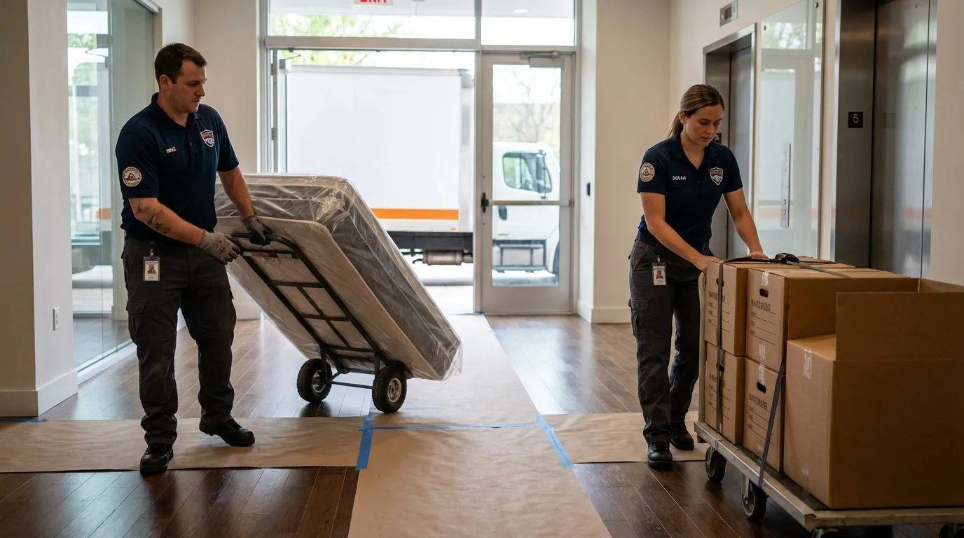 Professional apartment movers loading elevator in Collinsville, OK