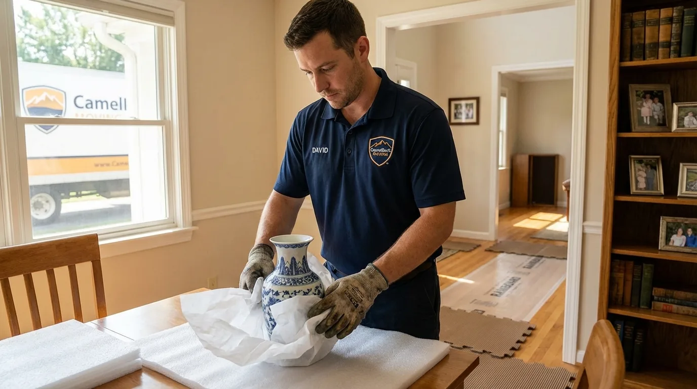 Professional crew carefully wrapping antique vase for senior downsizing move in Collinsville, OK